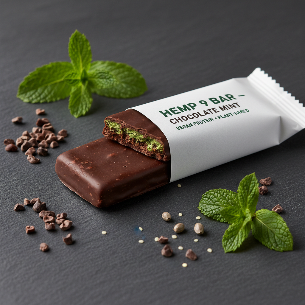 Hemp 9 Bar Chocolate Mint on dark slate with mint leaves and cacao nibs
