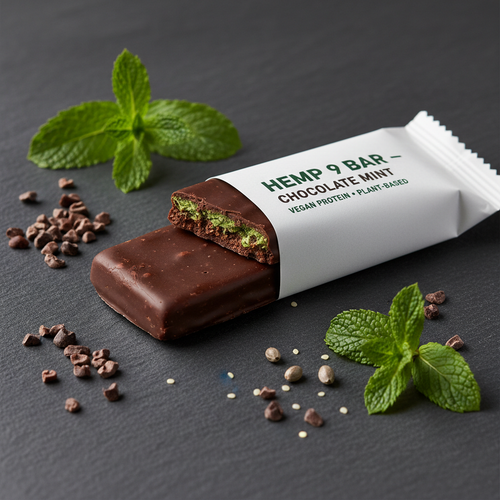 Hemp 9 Bar Chocolate Mint on dark slate with mint leaves and cacao nibs