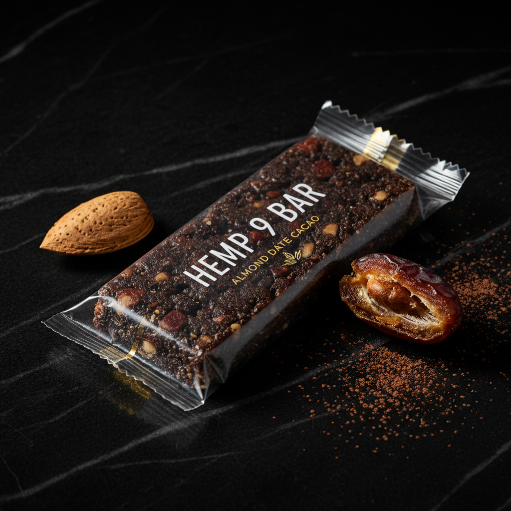 Hemp 9 Bar Almond Date Cacao on black marble with almonds, dates and cacao powder